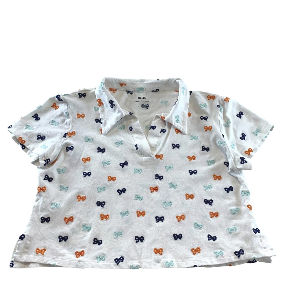 Maeve Anthropologie Polo Shirt Womens L Embroidered Bow Cropped Tennis Prep